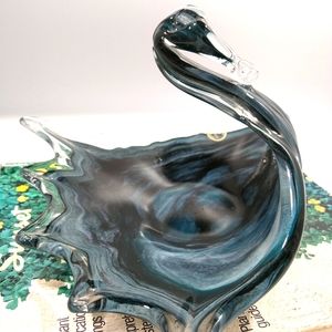 Murano Glass Art Decor blue and black marbled swan made in Italy
